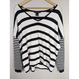 Karen Kane L‎ Black White Nautical Striped Pullover Sweater Super Soft Vneck N56